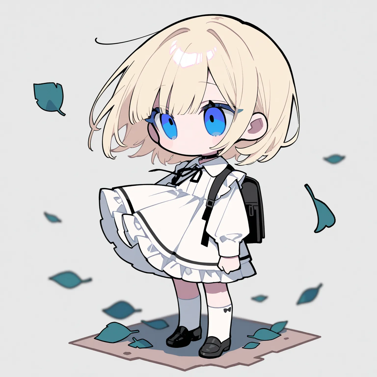 1girl, solo, chibi, medium blonde hair, azure eyes, clear and detailed eyes, long eyelash, no nose, no mouth, white frilled dress, collared dress, puffy sleeves, white socks, BREAK, black ribbon tie, black mini backpack, choker, black loafers, BREAK, flutt...