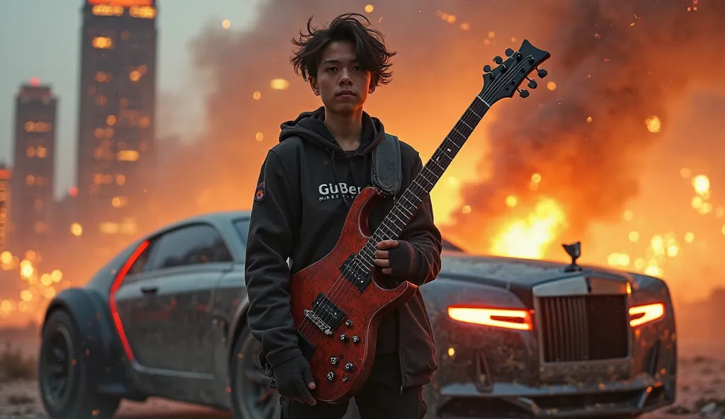 A highly detailed, realistic young man holding a sleek, electric rock guitar, standing with confidence amidst a chaotic battlefield. Behind him, a futuristic Rolls-Royce with neon lights gleams against the destruction, partially covered in dust and debris....