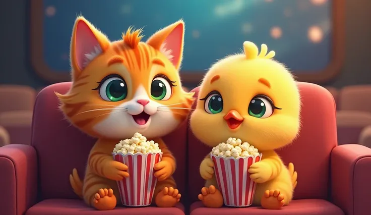 An orange tabby cat with green eyes and. Yellow chick watching movie together with a packet of popcorn in hands and laughing 