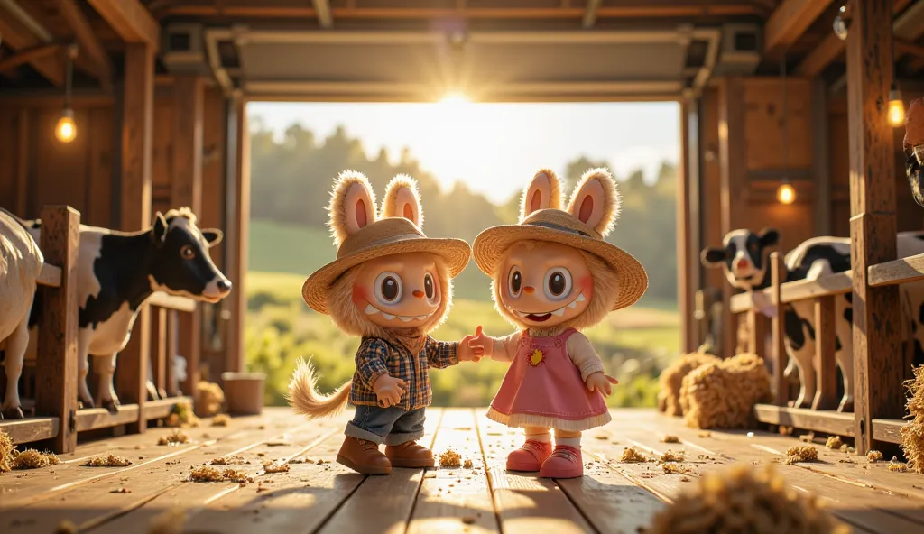 Two Labubu, one purple and one pink, joyfully dance close together inside a cozy wooden cattle barn on a thriving farm. Their small frames are dressed in adorable cowboy-style outfits—complete with wide-brimmed hats, plaid shirts, and tiny boots—giving the...