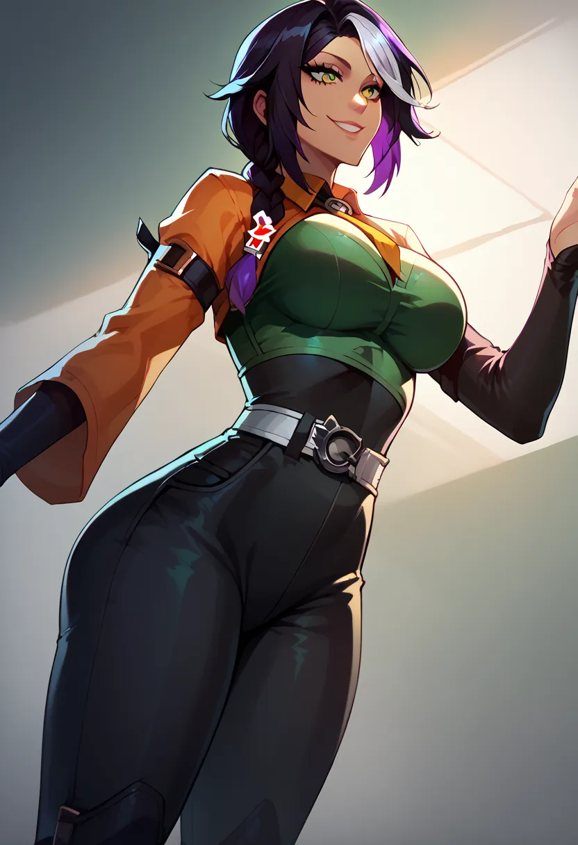 fubuki (one-punch man) black hair, short hair, tight green dress, long sleeves, collared dress, green eyes, perfect large breasts, view from below, sexy pose, dynamic angle Break, perfect lighting, shadows, yoruichi shihouin, long hair, yellow eyes, ponyta...