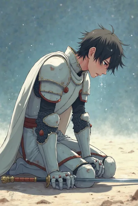 An anime knight in white armor facing to the right that’s on his hands and knees. He is punching the ground and crying a lot with a lot of tears rolling down his face. His sword is on the ground next to him.