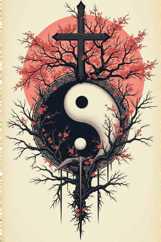 A tattoo for the back with " base symbol ying yang/ from which the tree of life emerges on one side and the cherry blossom tree on the other, above or behind the one of life a crucifix and on the other side an Oz (scythe) ending in scorpion tail.
The cruci...