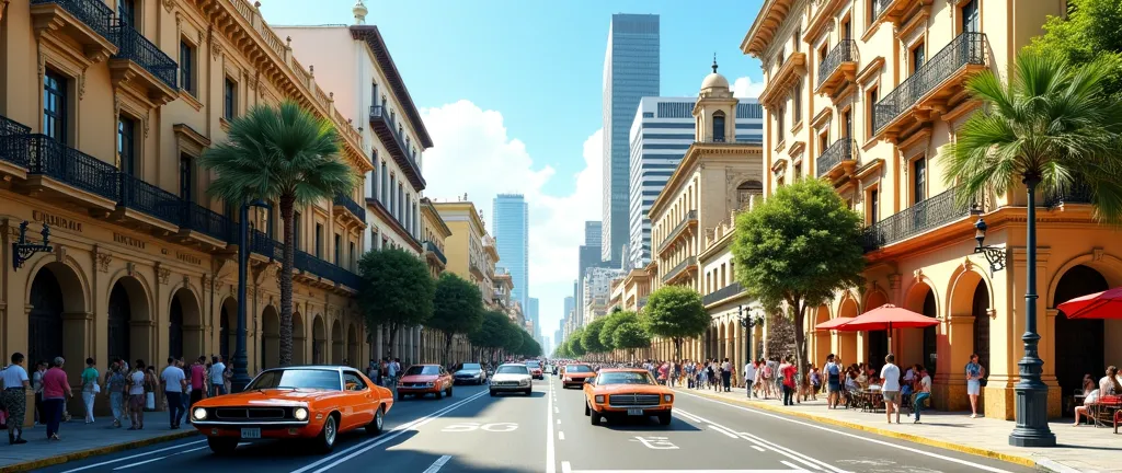 (photorealism:1.2), cross-road-level-view of a bustling city, the architecture is fancy Spanish-inspired touches of colonial mixed with advanced modern mixed with Brazilian, a bit more modern advanced, some nice cars