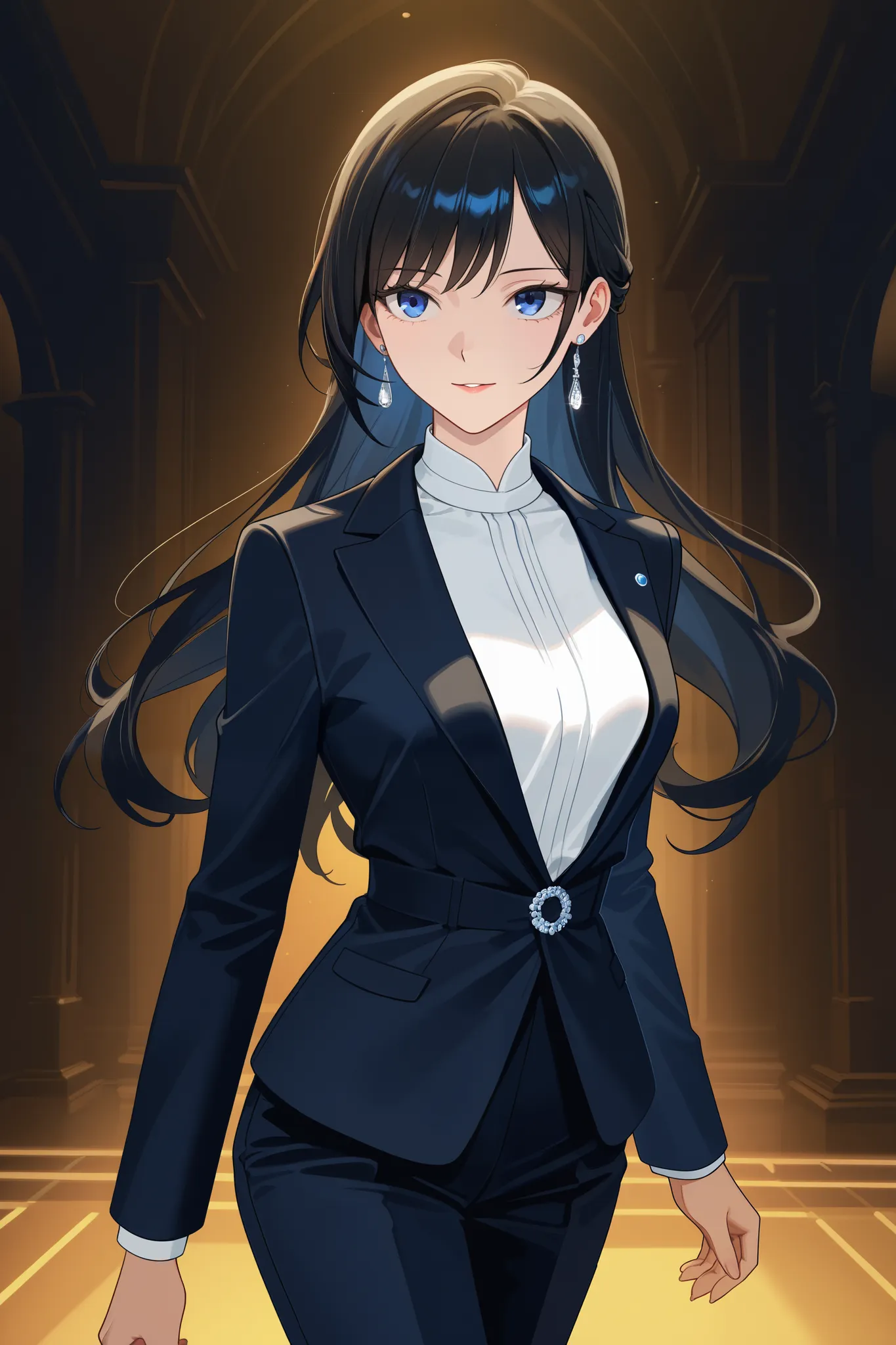 masterpiece, best quality, amazing quality, very aesthetic, newest, 1woman, black hair, long hair, blue eyes, suit, tall, highres