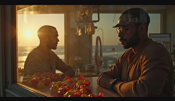  Shot 9 : The End — Reflections and Symbolism
The size of the shot is: Wide shot  )Wide Shot( showing Rashad •
Mukhtar is sitting from the back, with their reflection in the glass of the window.
 Composition : . The window divides the frame, with the candy...