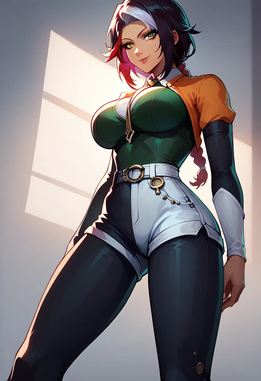 fubuki (one-punch man) black hair, short hair, tight green dress, long sleeves, collared dress, green eyes, perfect large breasts, view from below, sexy pose, dynamic angle Break, perfect lighting, shadows, yoruichi shihouin, long hair, yellow eyes, ponyta...