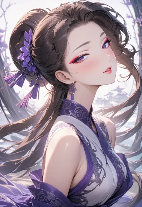 ultra detailed, absolutely resolution, masterpiece, cool beauty oriental lady, fashionably arranged half-up hairstyle, lewd expression, seduction, lewd lips, captivating hollow eyes, make up, lewd great body proportion, wearing oriental long dress