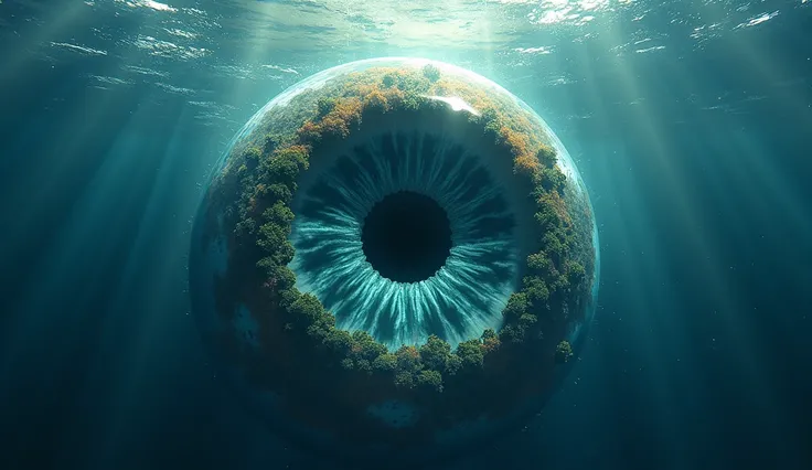 Visualize a breathtaking and otherworldly depiction of Earth as an immense, divine eye submerged in the primordial waters, gazing upward toward the surface. The iris of this cosmic eye is the landmass itself, a sprawling expanse of vibrant ecosystems, dese...