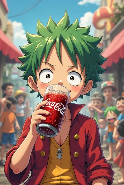 Create Zoro from One Piece Cutie and drinking a Coca-Cola, in a lively way and in high quality 