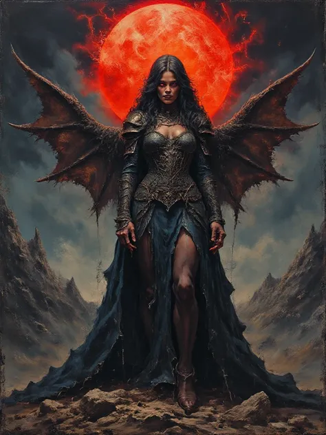 Dark fantasy oil painting of Lilith, the enigmatic and powerful night queen. She stands in a moonlit abyss, surrounded by swirling shadows and eerie crimson light. Her piercing, glowing eyes radiate ancient wisdom and defiance. Long, flowing black hair, ti...