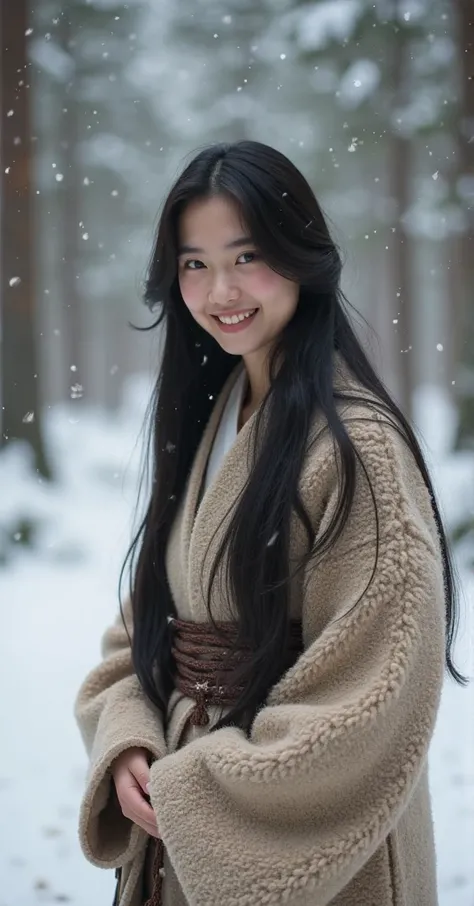 High quality. A real Oriental Japanese girl with 18 years old with beyond floor length black hair and see her "whole" body wearing thick lambs wool traditional Wafuku standing nearby hot springs inside the forest, must see her whole body. The scenario of f...