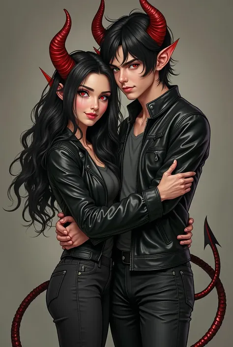 demon beautiful girl with long wavy black hair with red eyes wearing  black leather jacket and dark grey top with black shirt ,with red demon horns and tail hugging handsome boy with black hair and green eyes wearing  black leather jacket grey top and blac...