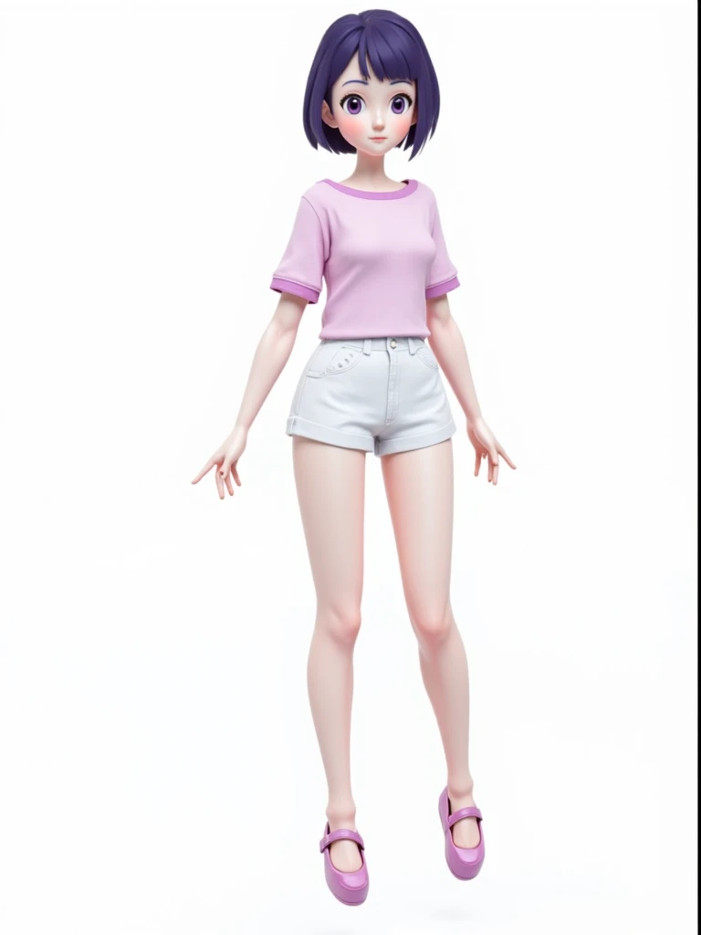 In short shorts , Legs spread a little apart from the other, Arad woman with arms outstretched, highly detailed character,  an animated character ,  3D character,  3D character,  Female Character ,  the character is in his natural pose,  single bodied char...