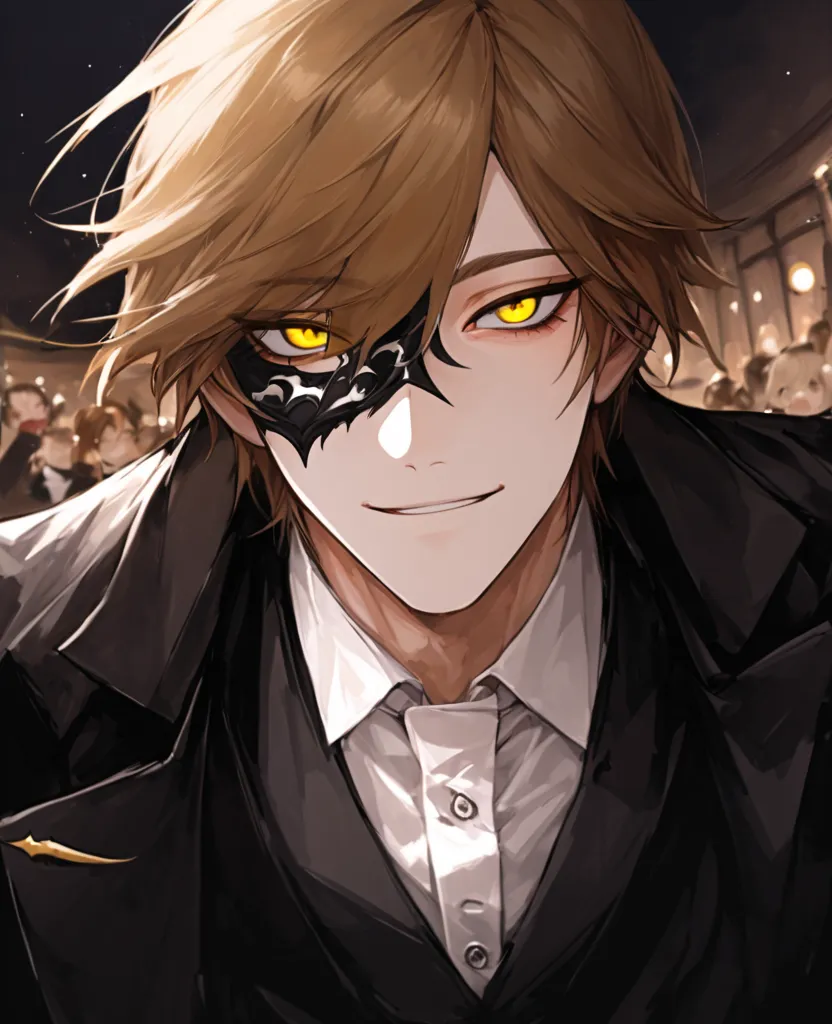 ((걸작, top quality))alone, male,  brunette, yellow eyes, white half mask, smile facial, white shirt,  black vest, black coat, The most prom party , blowing in the wind,  handsome face, perfect face, first-person view 