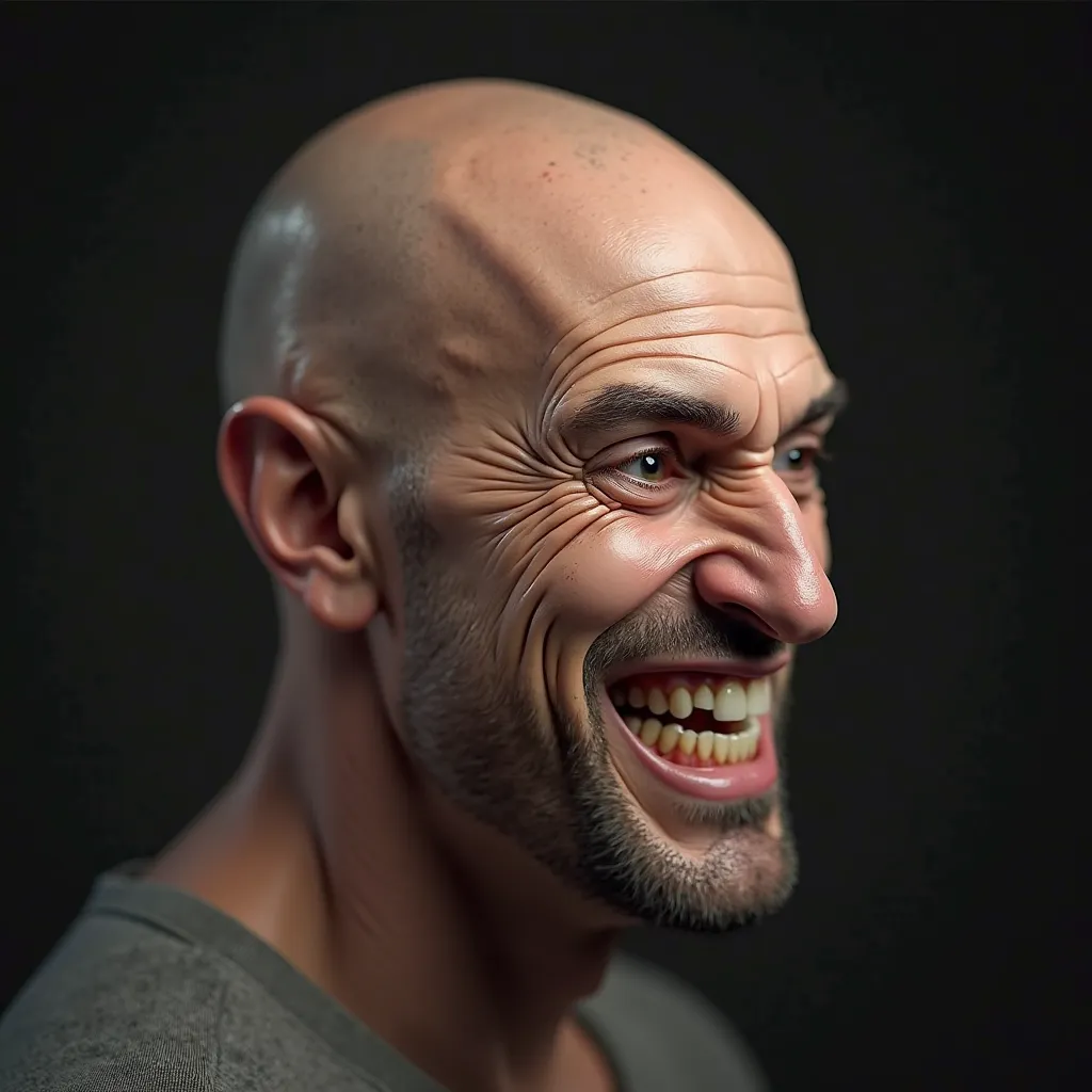 hyper realistic hd hdr 3d 8k portrait of a bald man without facial hair in a slight profile and his masculine mouth showing a grimace showing teeth, the upper lip is slightly bent at an angle creating a grimace,