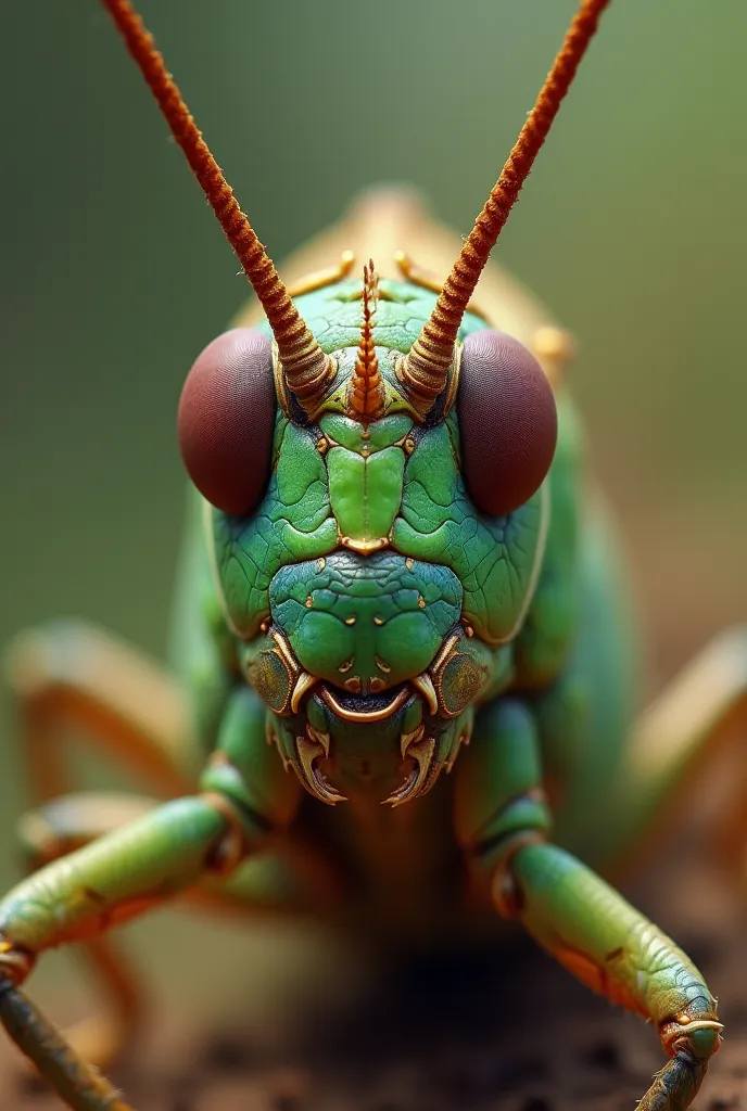 A grasshopper looking like horses prepared for war;on their heads there seemed to be golden crowns and their faces were like human remains; They dyed hair* like women's hair; their teeth were like lion's teeth; they had armor like iron, and the sound of th...