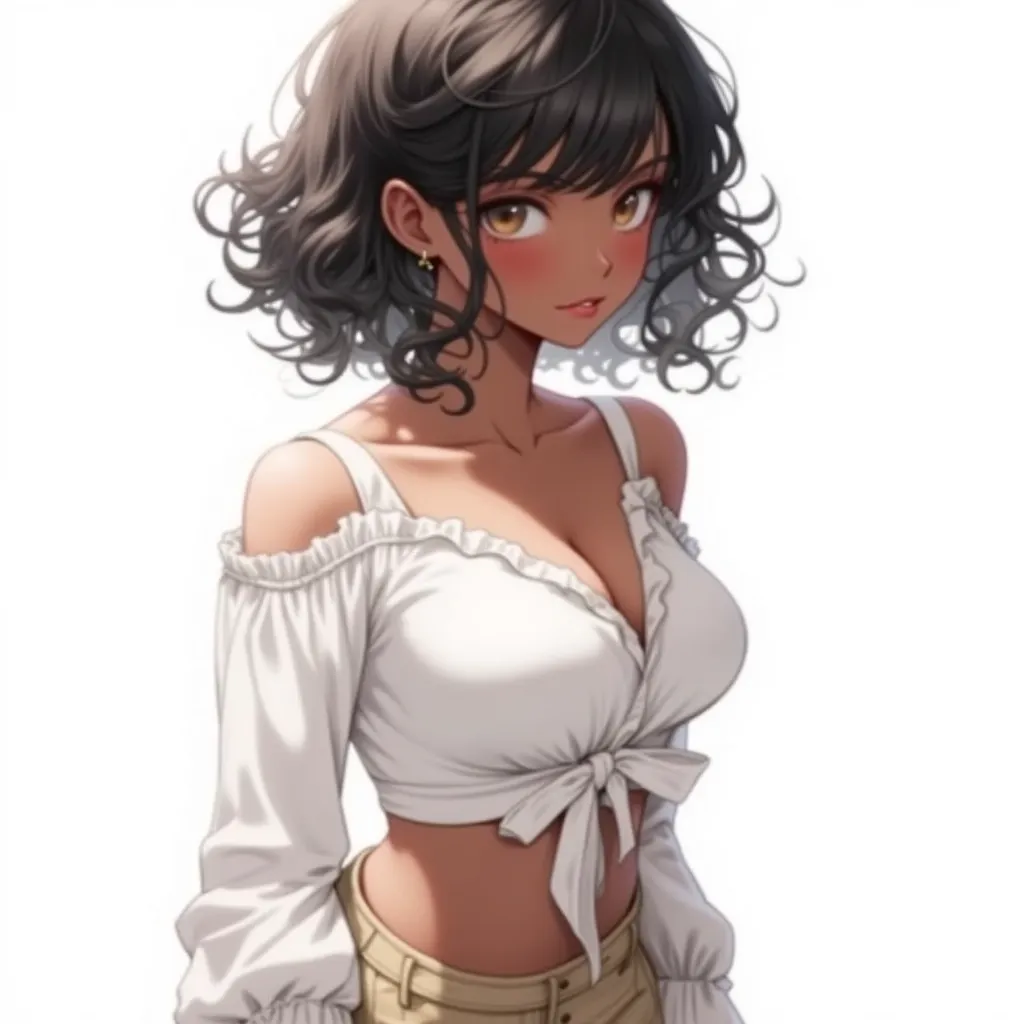  A woman, with black hair, Curly with loose locks, with a serious look, with a thin blouse,  with thin straps ,  White , showing the belly sample, light brown pants, showing the straps of her panties@, the woman has brown eyes, and black skin, big boobs, i...