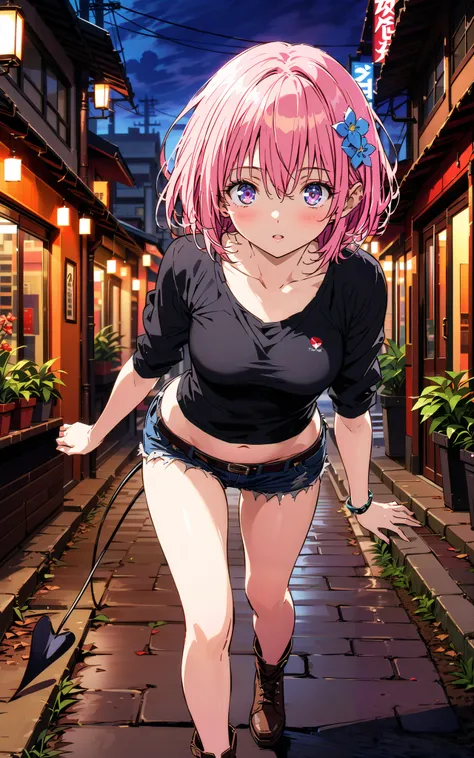 モモデbuildingケ, モモ・デbuildingーク, demon Tail,  Hair Flower, hair ornaments close to the garden, purple eyes, pink hair,  short hair, Medium breast,胸の谷間,Tail,riders jacket,tank top outside of anime,belly button sticking,Bare legs,denim micro shorts,shoes, Short...