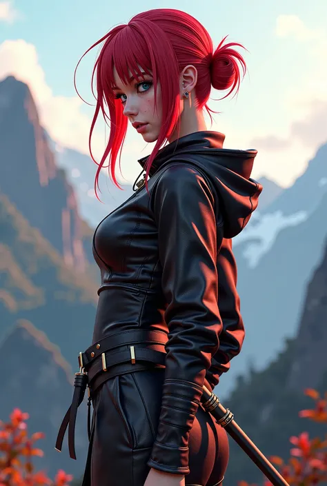 Anime girl with red hair and leather outfit standing in front of mountains,  digital art inspired by Lü Ji, technical trend in chiaroscuro DeviantArt,  digital art, ninja, realistic anime art style,  rendered of photorealistic anime girl , Anime realism st...