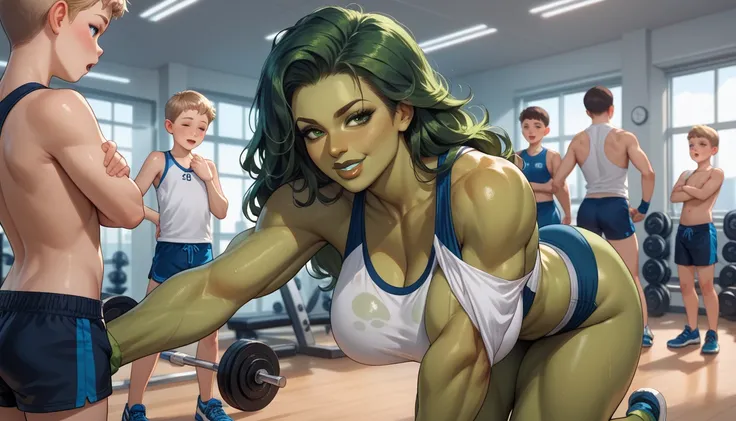 in a gym, she hulk, hot woman, she is lifting a boy in her arms, shota, shotacon five boys