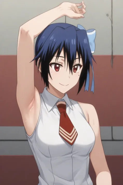 score_9, score_7_up, source_anime, detailed background, (upper body, medium shot:1.4), solo, 1girl,  tsugumi seishirou, mole under eye, blue hair, short hair, hair bow, blue jacket, white shirt, collared shirt, red necktie, sleeveless, spread armpit, arm u...