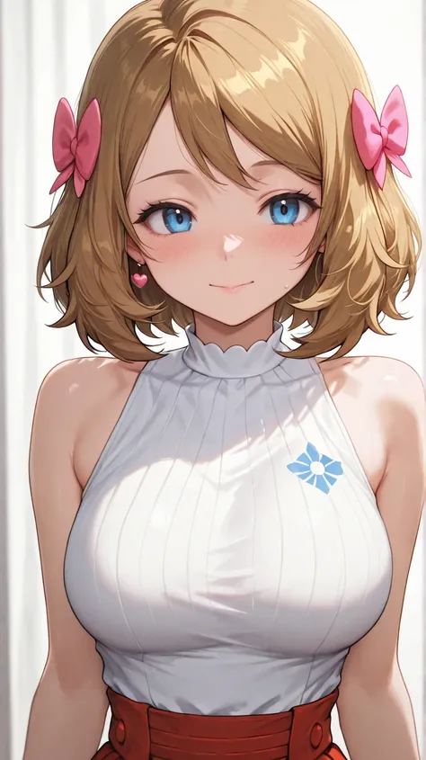 Serena from Pokemon, light-skinned anime girl, positioned slightly off-center to the left of the frame,  Her hair is a light blonde, She has large, expressive, light blue eyes, a gentle smile, and soft blush on her, medium less than size breast, she wears ...