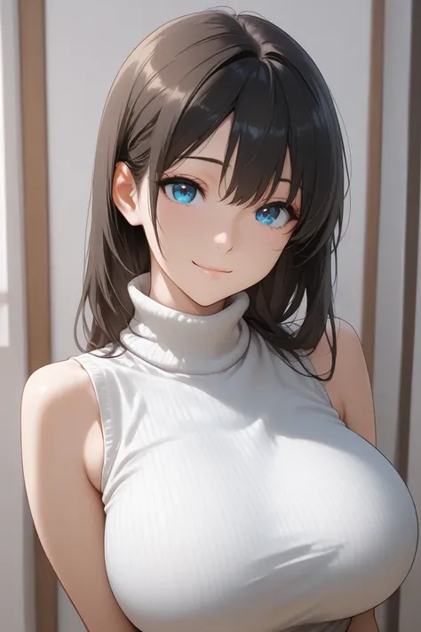 masterpiece , ultra detailed, best quality,solo,1 girl,older sister,Big Breasts, ((looking at viewer)), sleeveless turtleneck,light smile