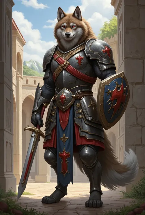 Loup masculin en armure de paladin yeux rouge avec une épée et un bouclier 