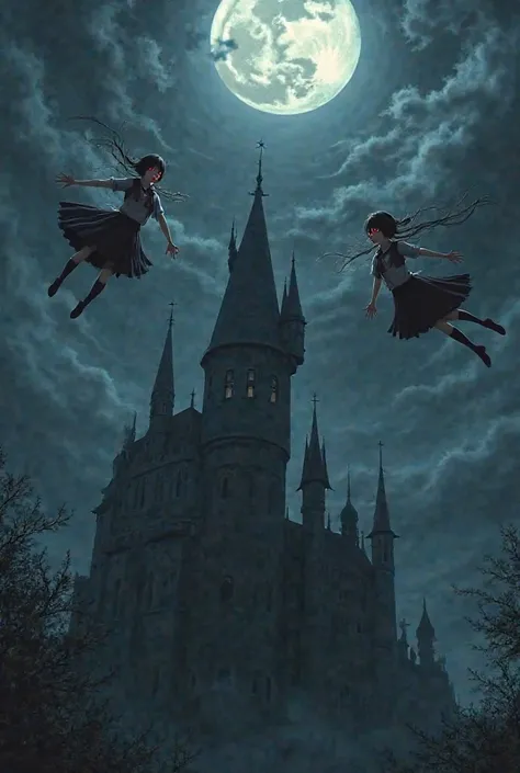 Vampire schoolgirls flying over castles showing their fangs