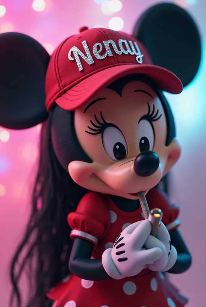 Disney Minnie mouse with no emotion on her face, as an stoner, with long black hair' in an cannabis athmophere, with an aura of pink Energy displaying of her seductive body, 3D, california, smoking a fat cannabis joint, wearing an Daimond Red cap with the ...