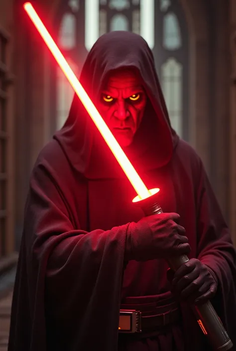 "POV turning on the lightsaber. A Sith is in front of you. Yellow eyes shine, and a red sabre lights up, illuminating the enemy's face. The sound of sabers crossing fills the room, and every blow is felt in the vibration of the hands. Atmosphere of tension...