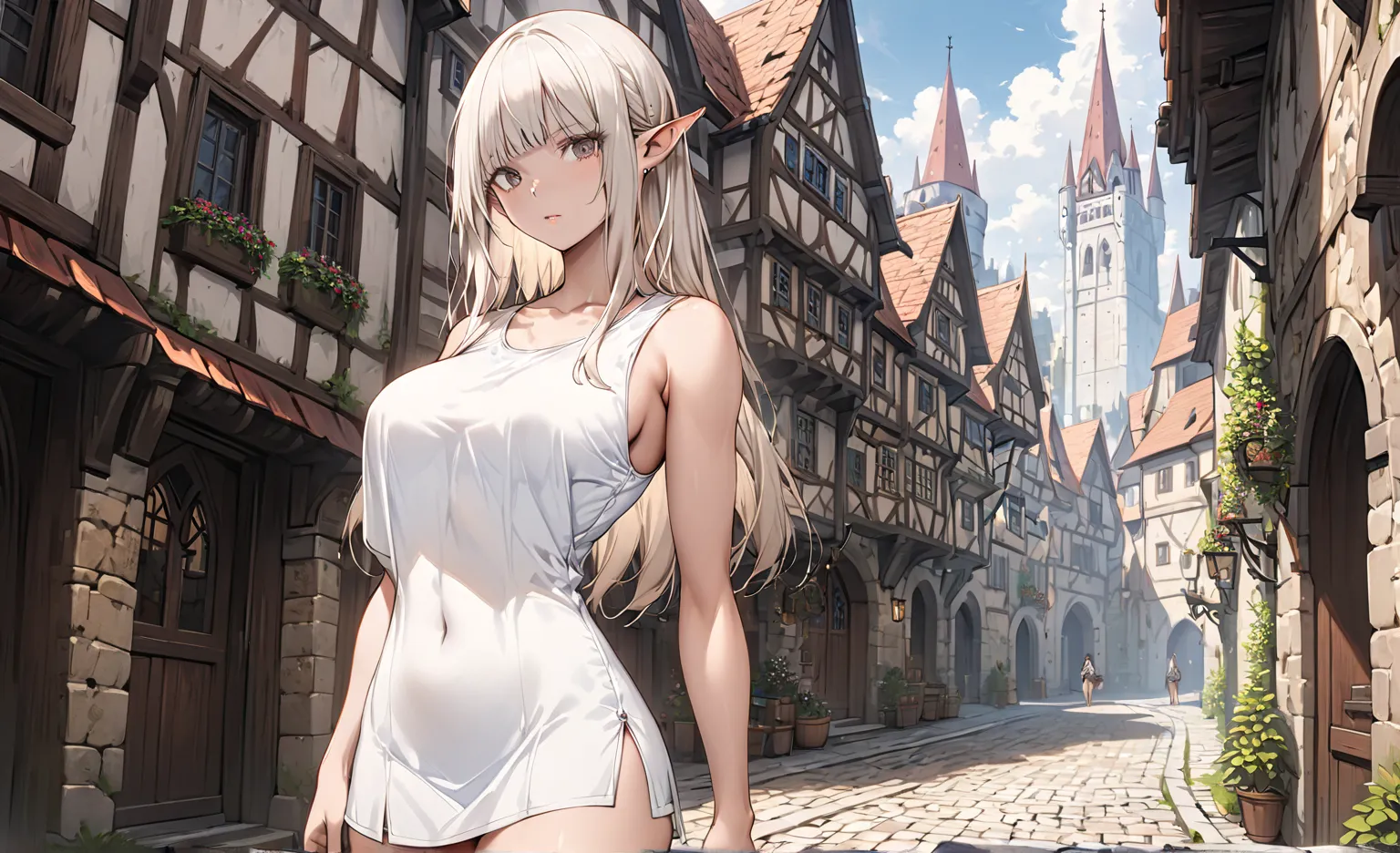 White Long Haired Pointed Ear Girl，brown skin，female elf， big boobs， White Top， vest， Slim Fit， Bare Waist ，bare arms，Short skirt ， Bare Thighs， stands， Medieval European City，High Resolution,  Best Quality ,Single