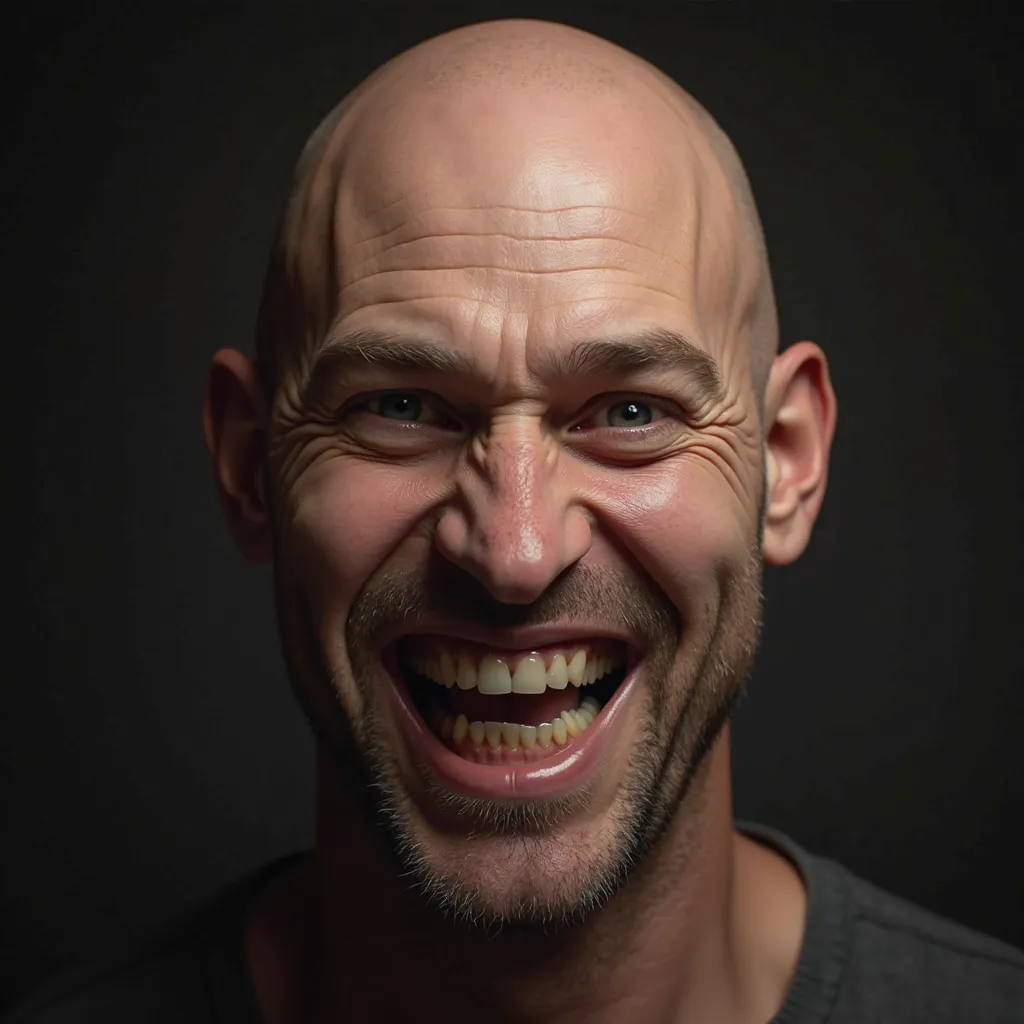 hyper realistic hd hdr 3d 8k portrait of a bald man without facial hair in a slight profile and his masculine mouth showing a grimace showing teeth, the upper lip is slightly bent at an angle creating a grimace,