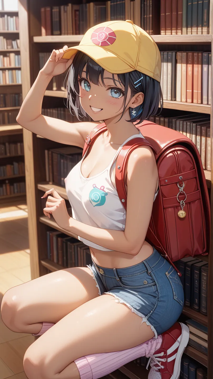  Japanese anime　R18、Realistic、Library bookshelf、 black hair、super very short hair、 elementary school girls,、There is only one woman、 very short、one woman、Super sunburn、Super Brown Skin 、black gal、blushes、 provocative smile、flat-chest、 small tits、Big Butts　...