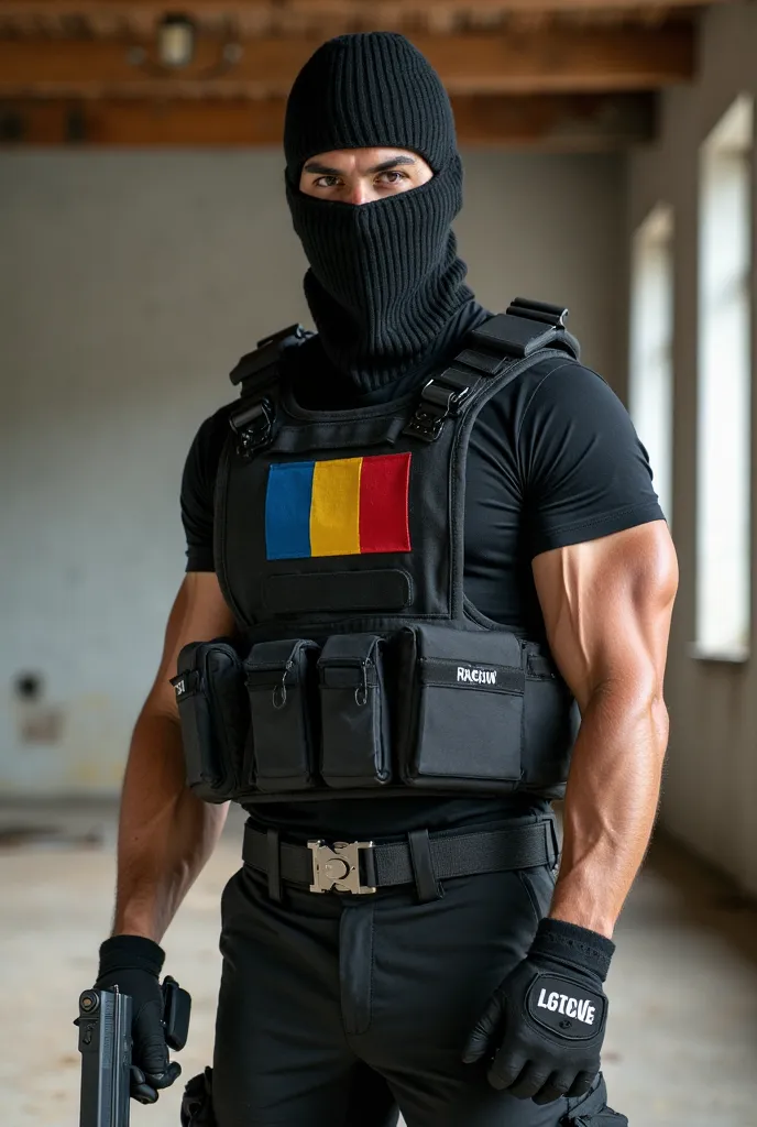 A man with a black Ski mask, A black T-shirt with the Romanian flag on it, Wearing a black bulletproof vest with text: "Politia" on it, Black gloves, muscles, black tactical pants, and black boots in a abandoned place holding a glock 18 in his hand 