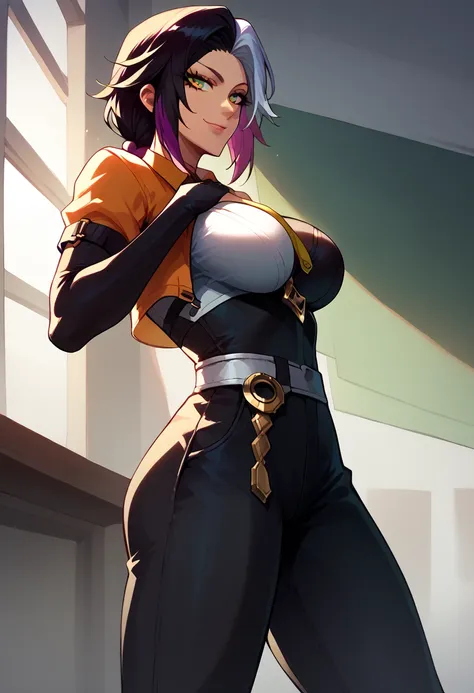 fubuki (one-punch man) black hair, short hair, tight green dress, long sleeves, collared dress, green eyes, perfect large breasts, view from below, sexy pose, dynamic angle Break, perfect lighting, shadows, yoruichi shihouin, long hair, yellow eyes, ponyta...