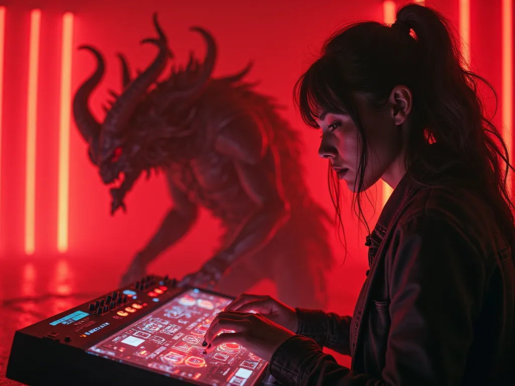 Woman playing on the console with a demon next to her and a red neon background