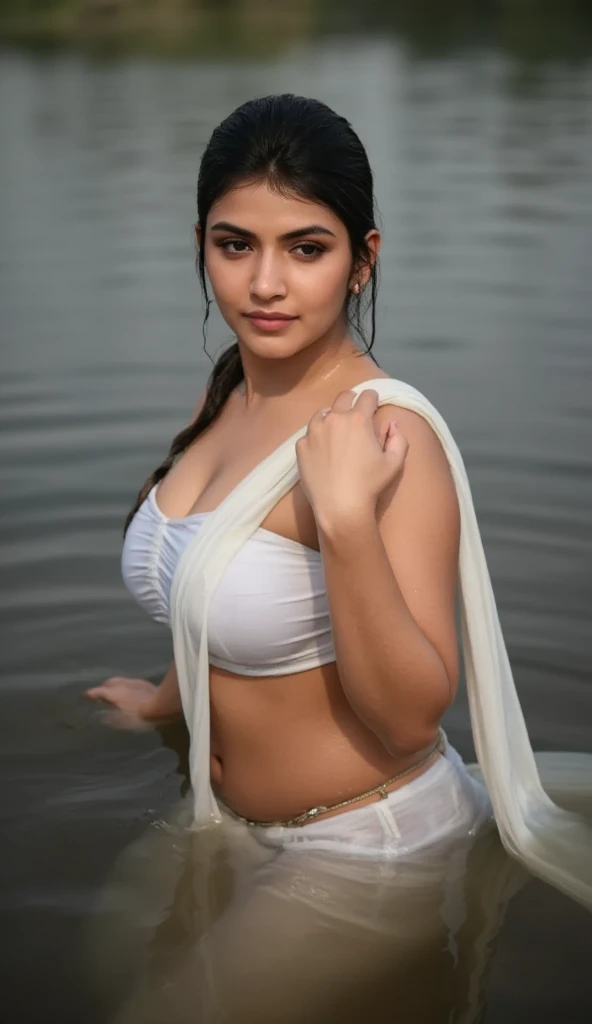 Busty Indian girl bathing in river, strapless, (bare belly, deep navel:1.3), wide waist, thick body, hourglass figure, huge breasts, hair bun, shiny olied skin, sweaty body, wet body, wet fabric, water reflection, sunlight on hair, depth of field, Chromati...