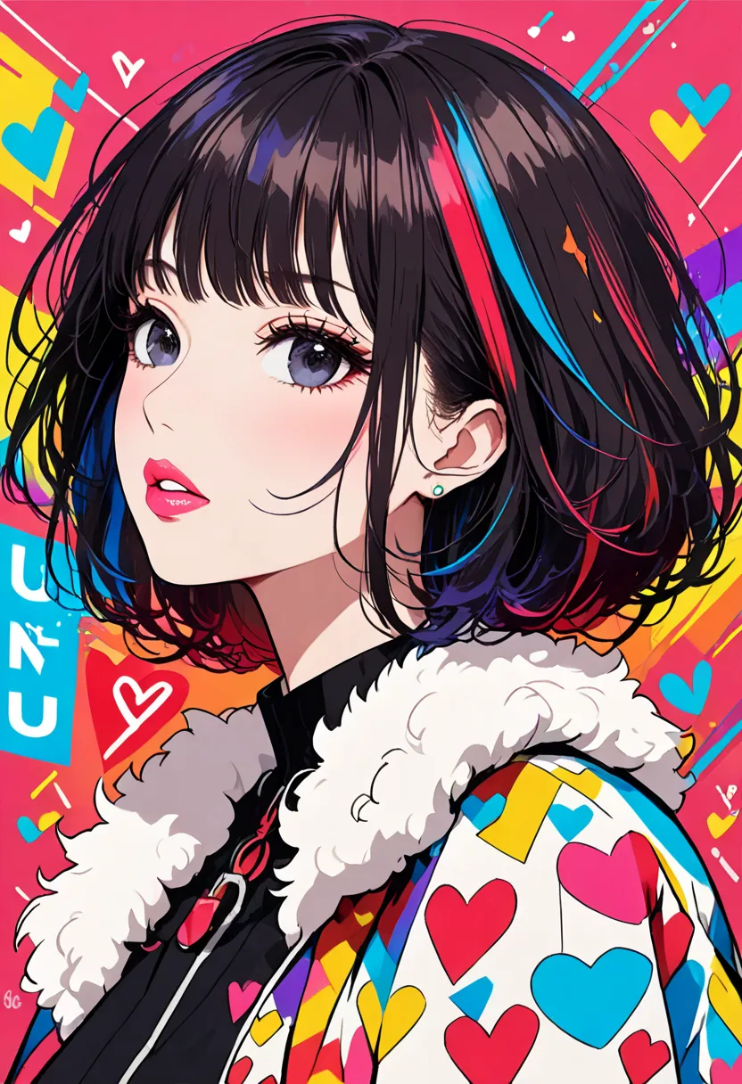 Ultra-realistic colorful style Yayoi Kusama, Simple lines abstract acronym art，(((The most beautiful woman of all time))), (((passionate lips))), colorful hearts, elegant design,  Dark eyes, (((The background is Jun))), (((Fluffy Protozoan)))