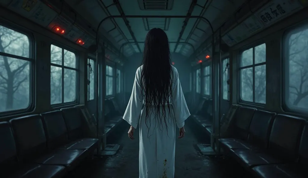 Anime style illustration of A first-person perspective (POV) inside an eerie, abandoned Japanese train at midnight. The camera turns suddenly toward the far end of the train car—and there, in the dim, flickering light, stands a terrifying Onryō (vengeful s...