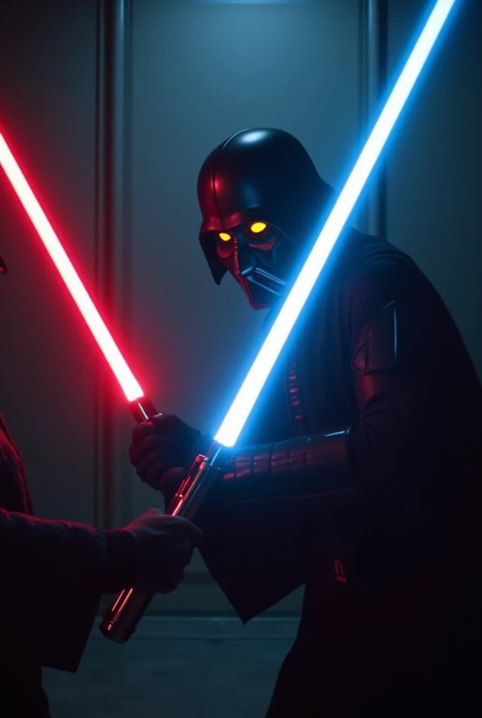 "POV turning on the BLUE lightsaber, with a Sith emerging from the shadows. The yellow eyes glow, and a red saber lights up, illuminating the enemy's face. The sound of the sabers crossing each other fills the room, and each blow is felt in the vibration o...