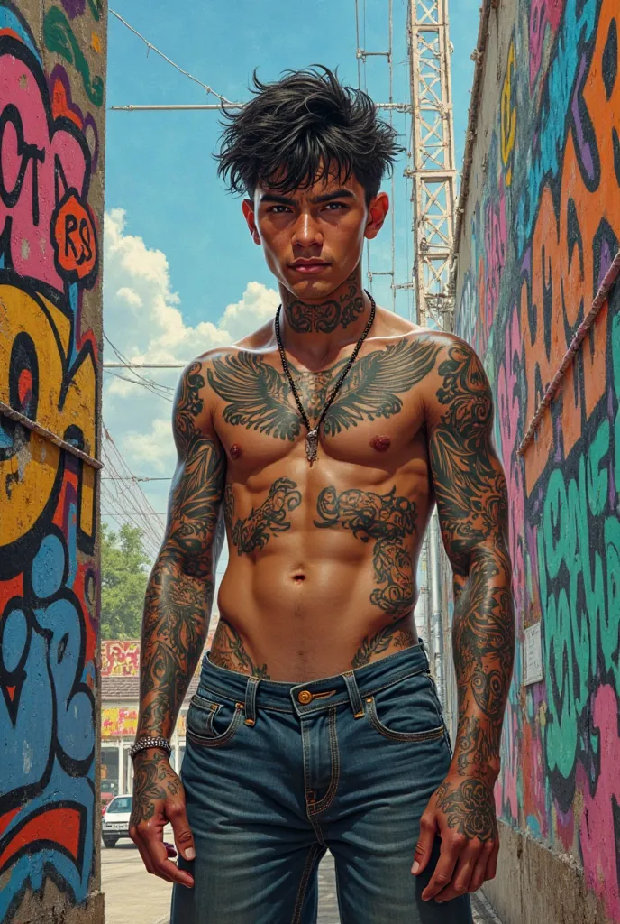 Create a Chicano style  boy with tattoos and the graffiti fence