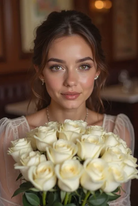 make a vip 16-year-old Kazakh woman with makeup sitting in an elite restaurant in her hands she has a bouquet of 101 white roses, and she poses in the frame, I don't know, maybe she tilts her head and smiles into the frame naturally and make the shot remot...