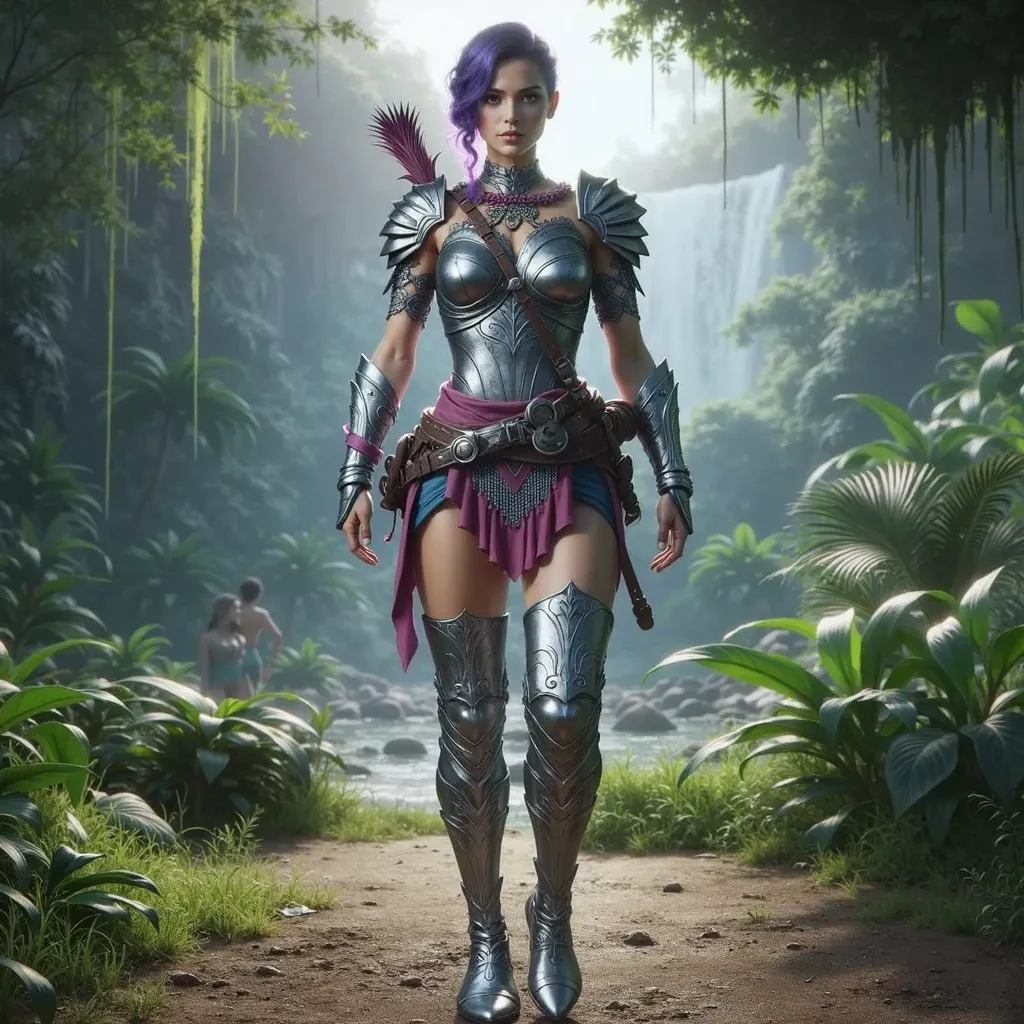 tall woman of 30 years old purple hair braided forward with short metallic armor with metal bracelets with short skirt with long metallic boots full body looking forward with jungle background standing straight and firmly stepping on the ground real life 