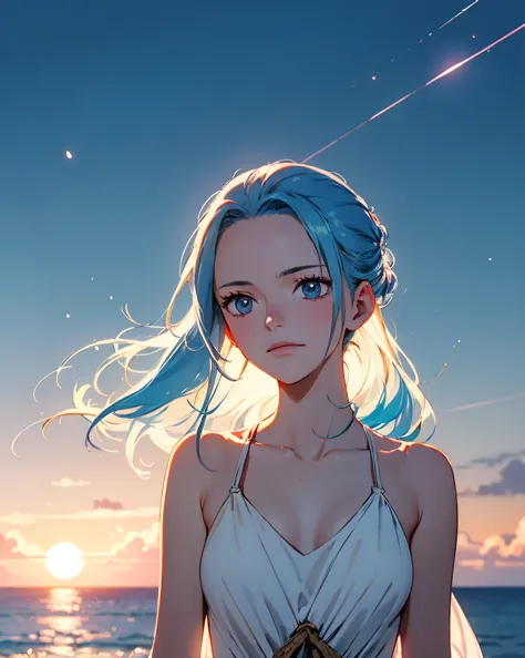 Vivi (One Piece), girl with long flowing blue hair stands on the shore at sunset. She wears a shimmering, iridescent dress that reflects pastel hues of pink, purple, and blue, flowing gently in the ocean breeze. Her delicate features, soft blue eyes, and s...