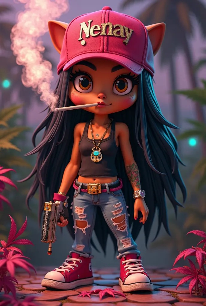 Coco bandicoot with no emotion on her face, as an stoner, with Glowing brown eyes, with long black hair' in an cannabis athmophere, with an aura of pink cannabis leaves of her body, 3D, california, smoking a fat cannabis joint, wearing an Daimond Red cap w...