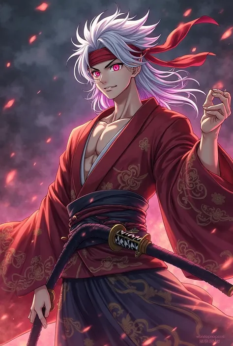 "Create an image of the character Uzui Tengen, the Sound Hashira from Kimetsu no Yaiba, in a dynamic and impressive pose. He should be wearing his traditional outfit, which includes a red headband, the red sash, and a kimono adorned with intricate, elegant...