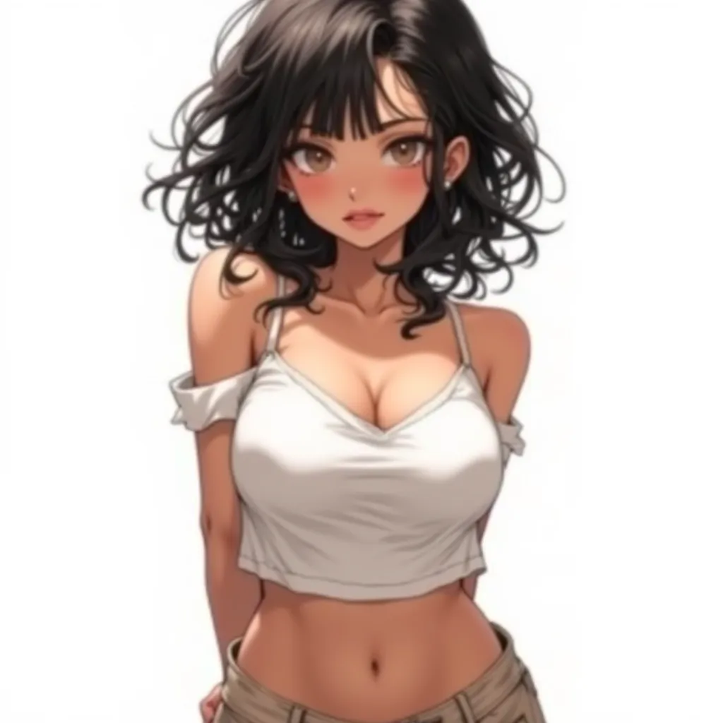  A woman, with black hair, Curly with loose locks, with a serious look, with a thin blouse,  with thin straps ,  White , showing the belly sample, light brown pants, showing the straps of her panties@, the woman has brown eyes, and black skin, big boobs, i...