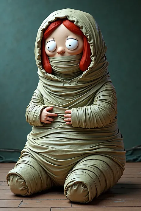 Lois griffin mummified in layers of blankets and sleeping bags and mummified from head to toe in duct tape making her look like a massive big fat round tube shaped cocoon laying on the floor gagged